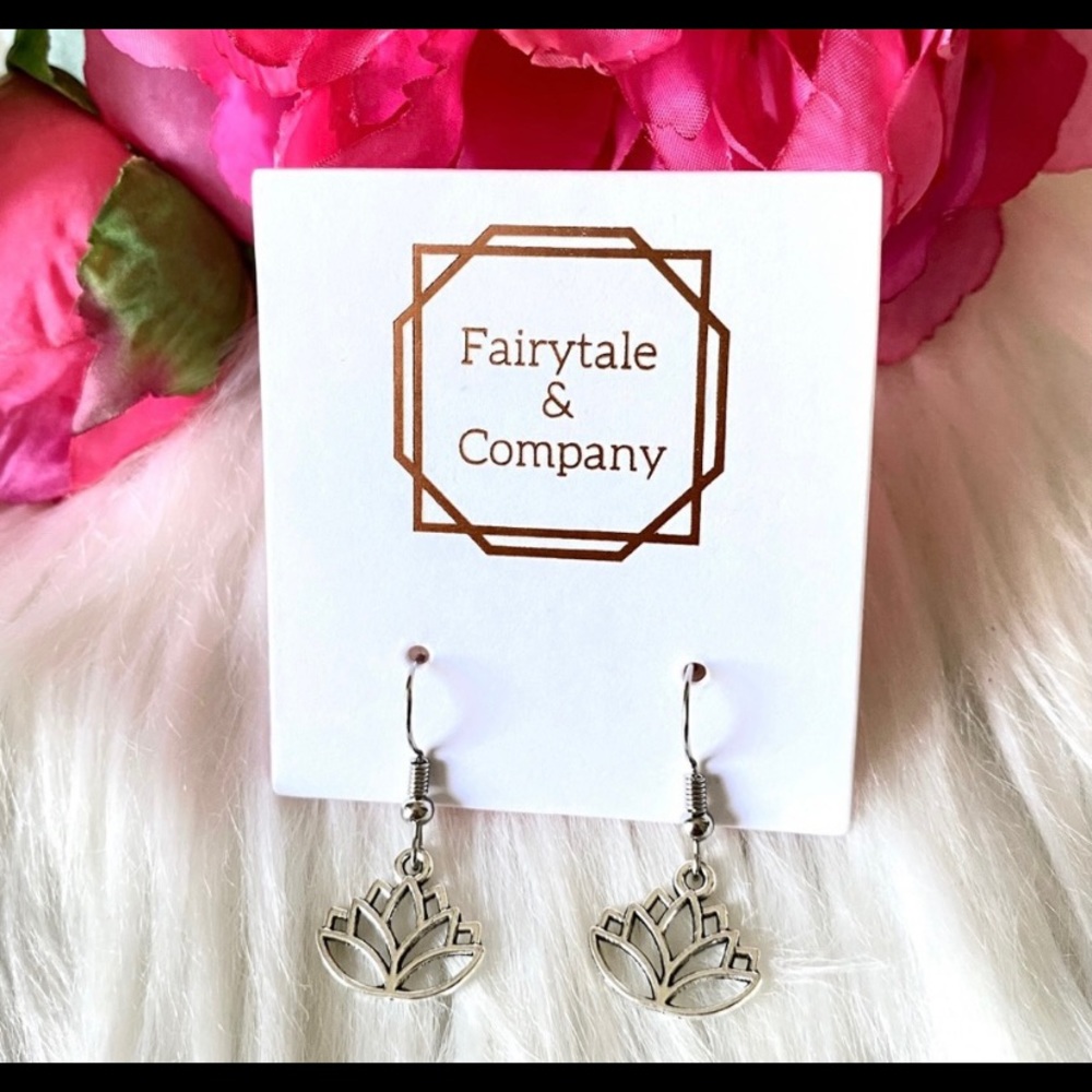 Lotus flower silver tone dangle earrings